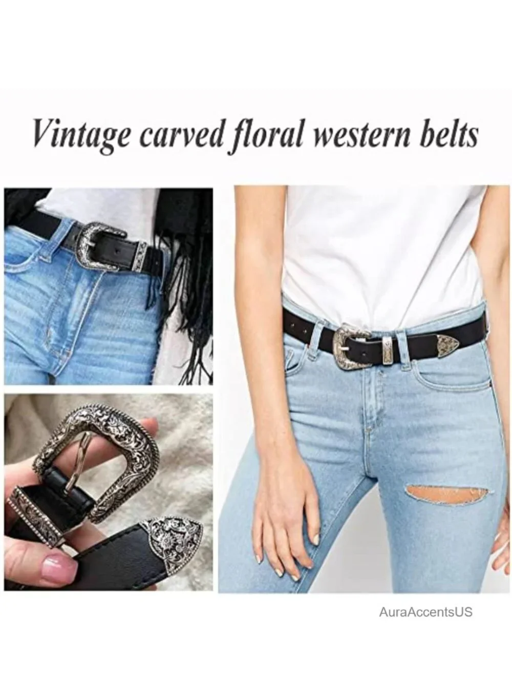 Faux Leather Vintage Western Belt with Hollow Out Floral Buckle